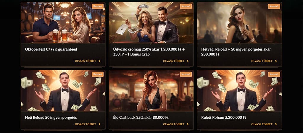 Hat kaszinó promóciót bemutató kép: üdvözlő bónusz, ingyen pörgetések, reload és cashback ajánlatok.