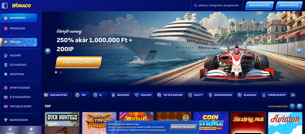 A Wonaco online casino főoldala egy üdvözlő bónuszt reklámoz, egy Monacói tengerparti jelenettel, Forma-1-es autóval.