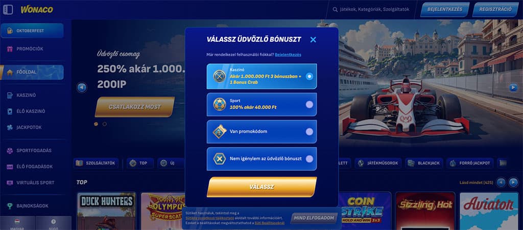 A Wonaco Casino regisztrációs ablaka, ahol a Kaszinó, Sport bónusz, vagy promóciós kód megadása választható.