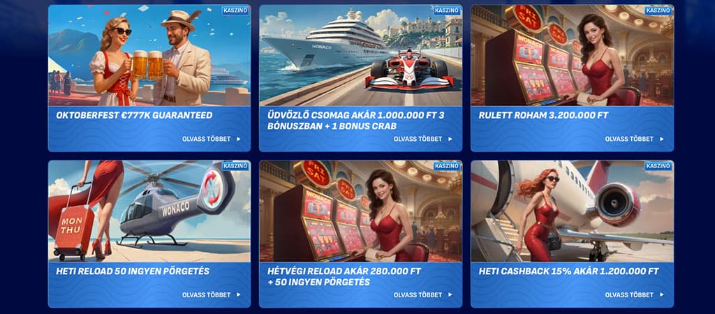 Kaszinó promóciót bemutató kép: Oktoberfest, Üdvözlő csomag, Rulett roham, Heti Reload, Hétvégi bónuszok, Cashback ajánlatok.