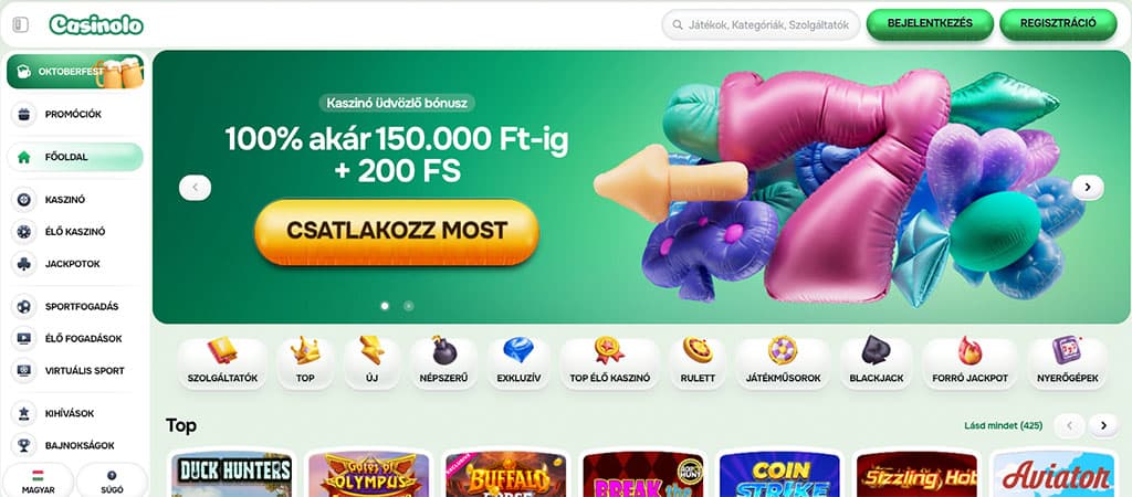 A Casinolo online kaszinó weboldal főoldala színes promócióval, bónusz ajánlattal és különböző játék kategóriák ikonjával.
