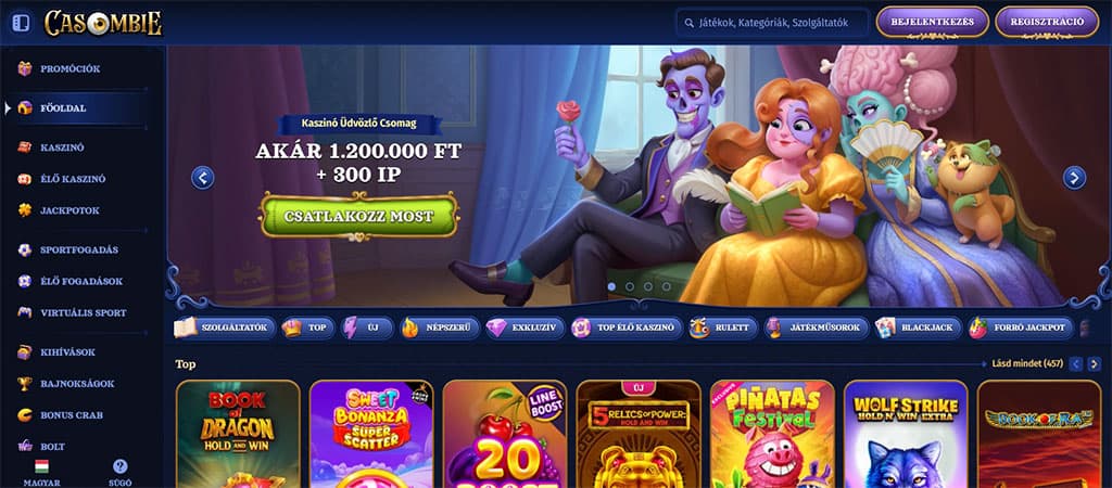 Zombi karaktereket ábrázoló Casombie online kaszinó főoldal, bónusz ajánlattal, ikonokkal és színes nyerőgépekkel.