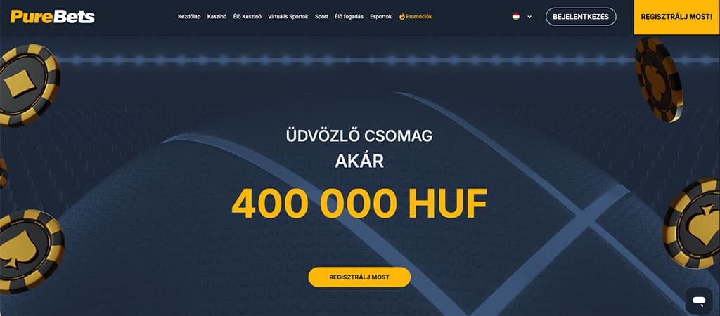 A PureBets Casino főoldala, ahol az üdvözlő csomag akár 400 000 forintos bónuszt kínál, regisztrációs felhívással.