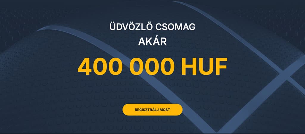 A PureBets üdvözlő csomag ajánlata, amely akár 400 000 forintos bónuszt kínál, sárga Regisztrálj most gombbal a közepén.