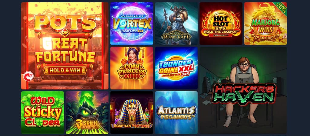A PureBets kaszinó játékai, mint a Pots of Great Fortune, Hot Slot, Mahjong Wins és Atlantis Megaways, ikonokkal jelenítve.