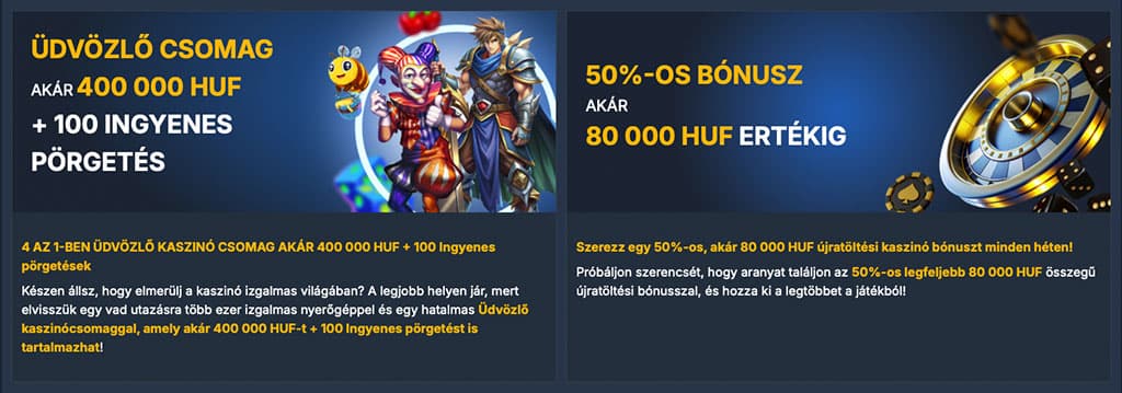 A PureBets ajánlatai, köztük az akár 400000 forintos üdvözlő bónusz 100 ingyenes pörgetéssel és 50%-os újratöltési bónusszal.