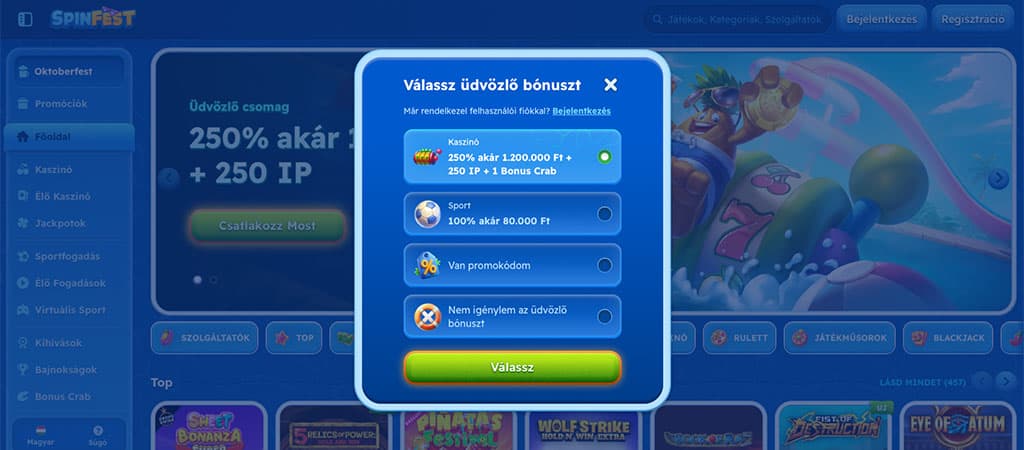 Spinfest regisztráció, válassz a kedvező üdvözlő bónuszok közzül a neked legjobban tetszőt.