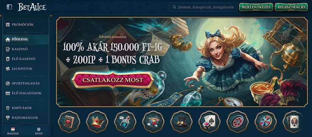 A BetAlice online kaszinó kezdőlapja, középen egy Alice Csodaországban stílusú, bónuszajánlatot hirdető képpel.