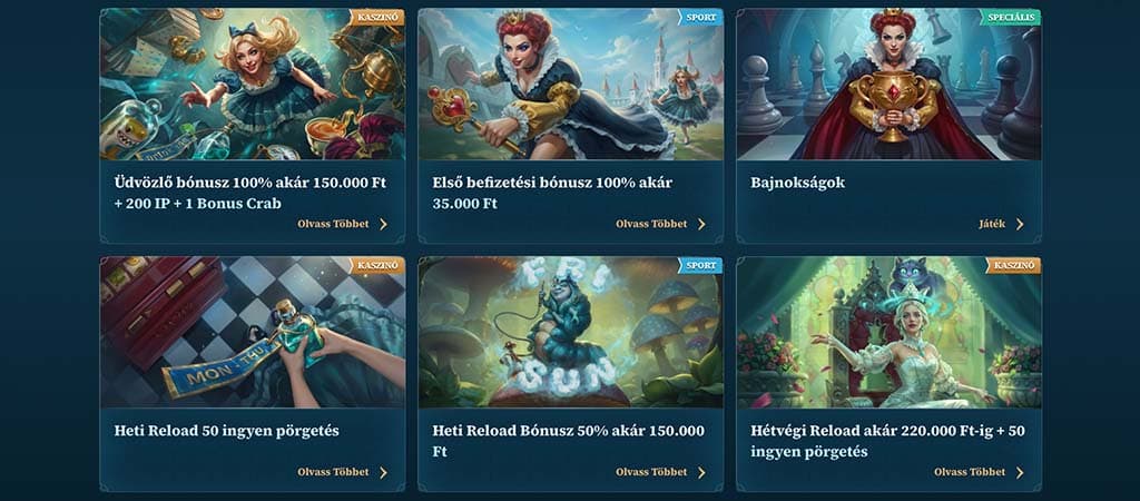 A BetAlice kaszinó promóciókat bemutató oldalának részlete, hat, mesebeli stílusú, eltérő kaszinó és sport bónusszal.
