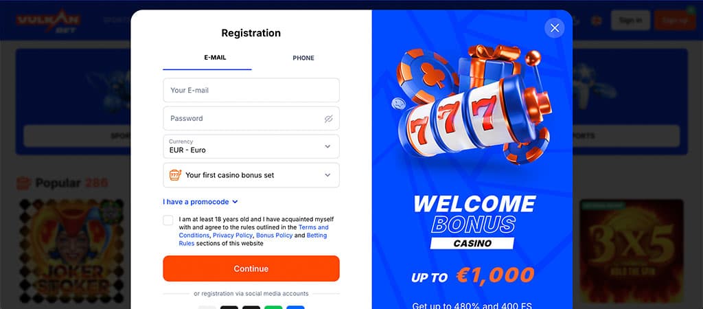 Regisztrálj akár néhány perc alatt a Vulkan Bet Casino oldalára.