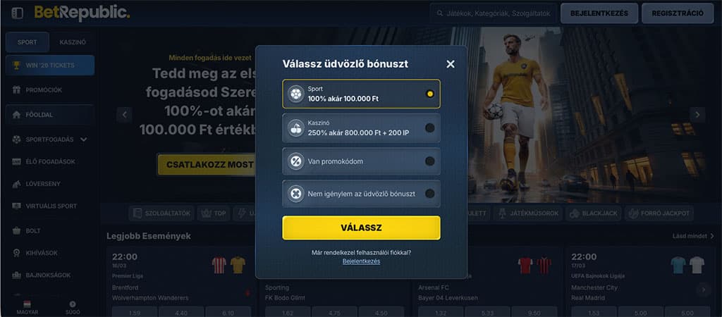 Regisztrációs lépések a BetRepublic felületén.