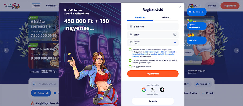 Fiók létrehozása a Vulkan Vegas online casino felületén.