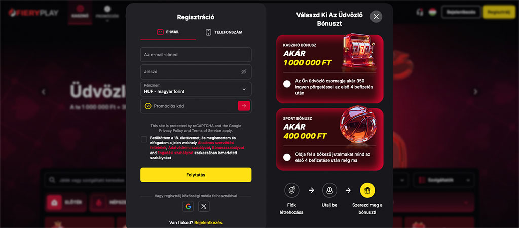 Így regisztrálhatsz a Fiery Play Online Casino weboldalán.