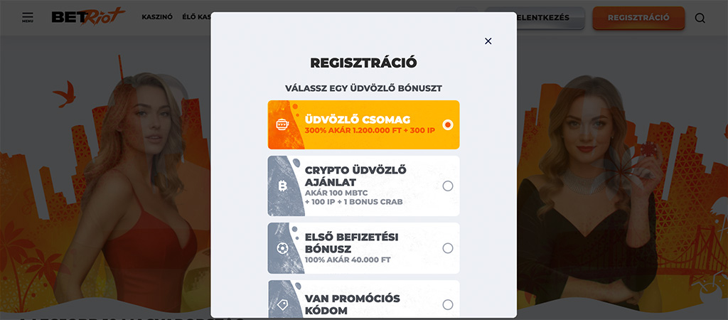 A regisztráció lépései a betriot.com weboldalán.