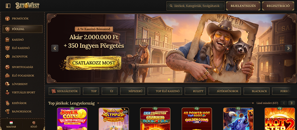 A BetWest online kaszinó főoldala, rajta egy vadnyugati témájú bónusz hirdetéssel, cowboyyal és nyerőgépekkel.