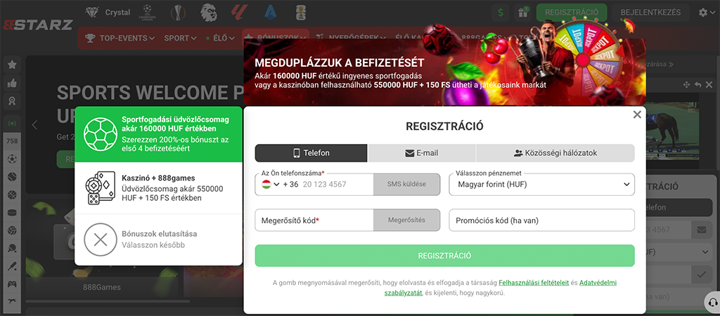 Regisztráció az 888 STARZ Casino oldalán.