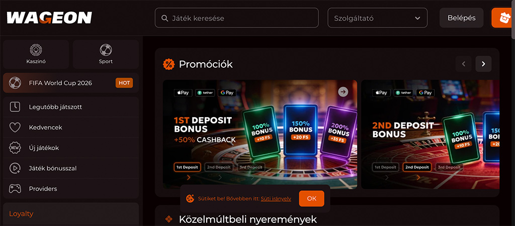 Wageon kaszinó, promociók, online kaszinó