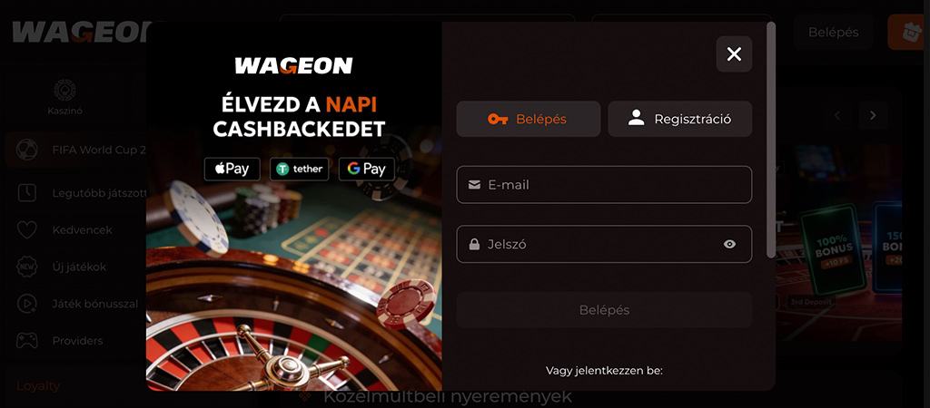 Hűségprogram WGN tokenekkel a Wageon Casino oldalán.
