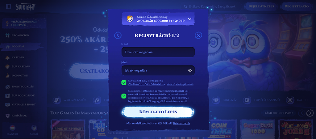 Nyiss fiókot a Spinight Casino felületén, regisztráció.