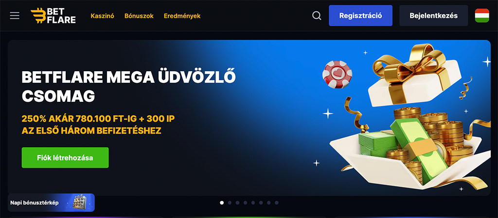 Kaszinó bónuszok a BetFlare Casino oldalán.