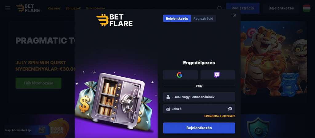 A regisztráció lépései a BetFlare Casino oldalán.