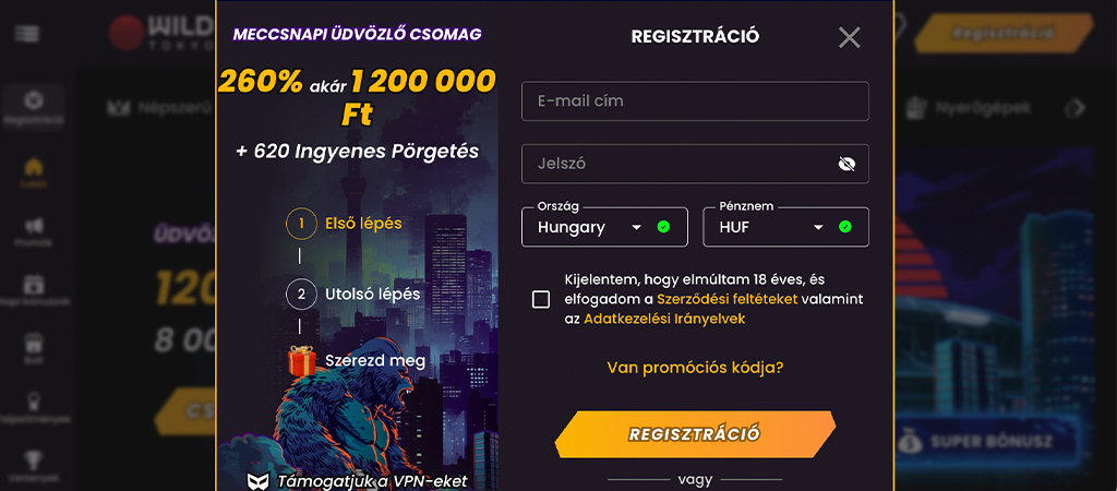 Regisztrációs lépések egyszerűen a Wild Tokyo kaszinóban.