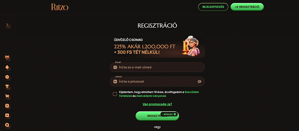 Ritzo Casino, Regisztráció könnyedén és egyszerűen
