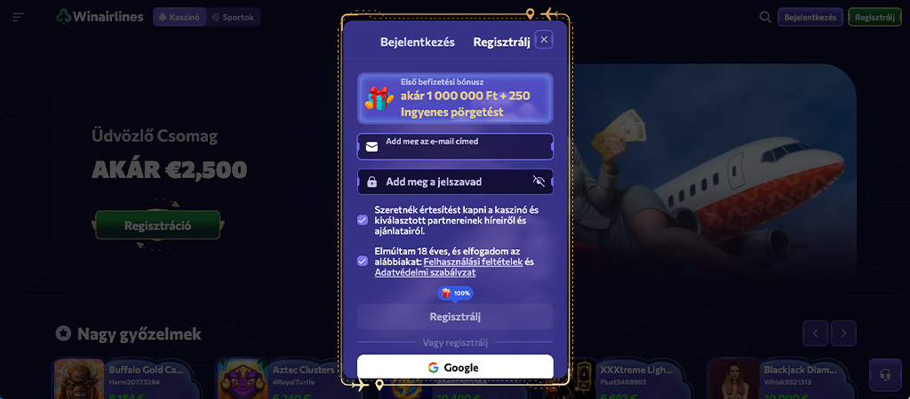 Boarding pass, avagy így regisztrálj a Winairlines Casino oldalára