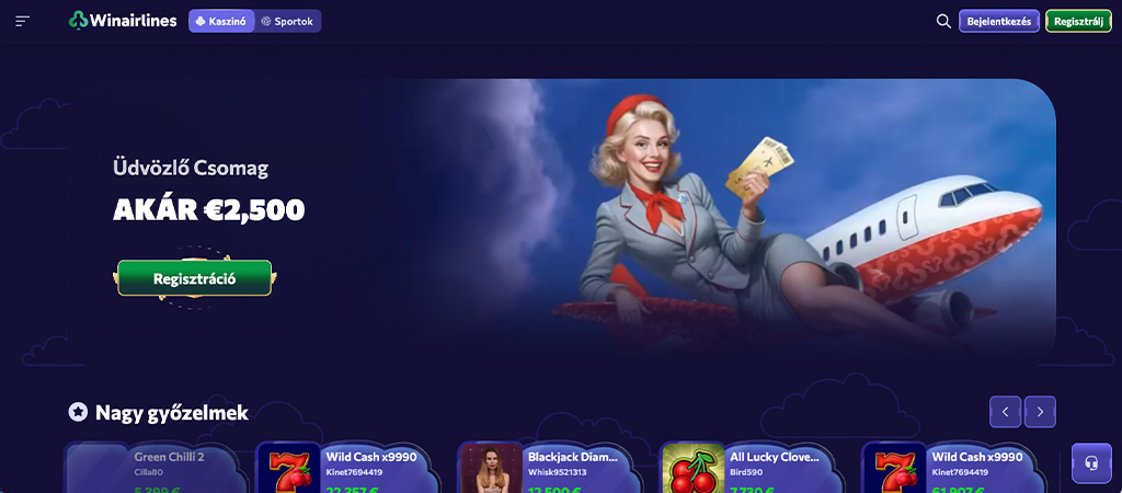 Winairlines Casino üdvözlő csomag és üdvözlő bónusz.