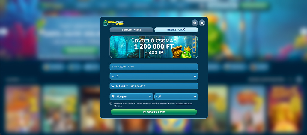 Regisztrációs lépések a MegaFishWins Casino weboldalán.