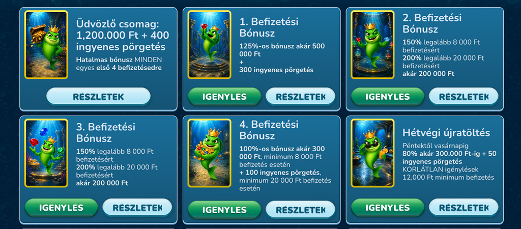 Elérhető bónuszok és VIP-program a MegaFishWins Casino oldalán.
