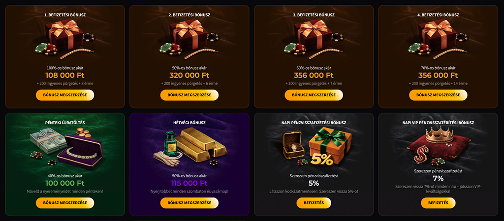 Elérhető bónuszok és VIP-program a WildChance Casino oldalán.