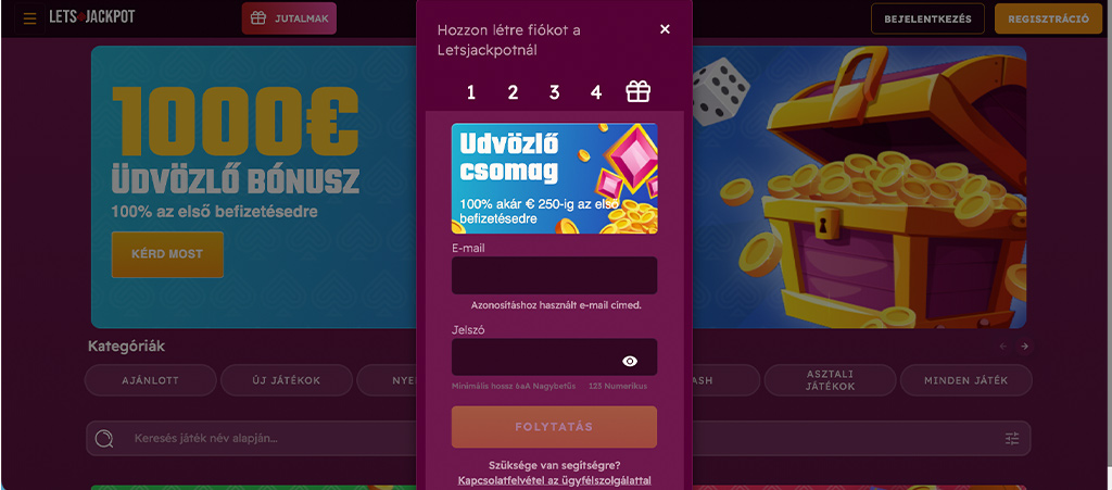Így regisztrálhatsz a Letsjackpot casino oldalára.