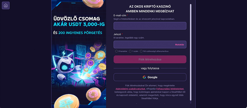 A Regisztráció folyamata a Stealth Bet Casino oldalán.