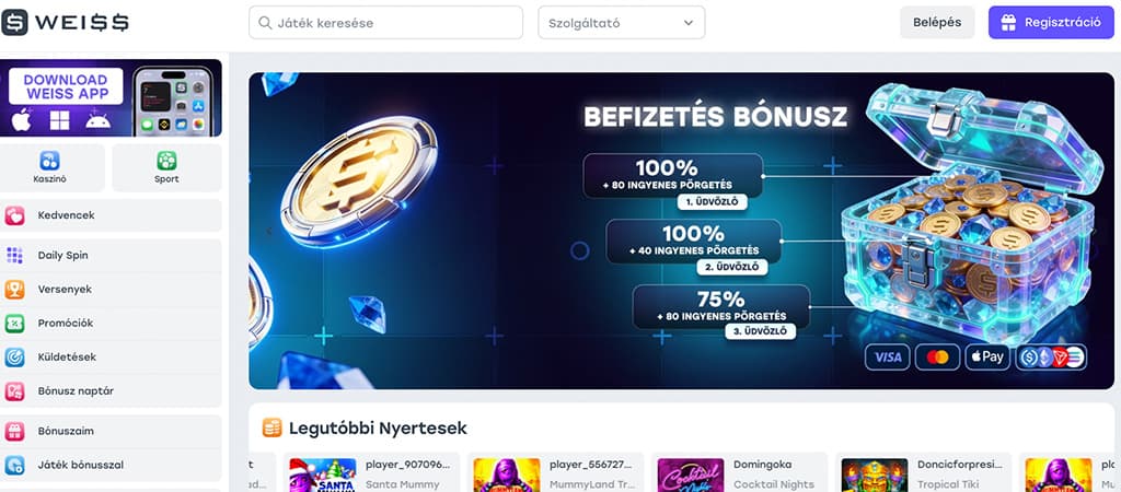 Weiss Casino kezdőlap promóciókkal, bónusz ajánlatokkal és népszerű online nyerőgépekkel magyar nyelven.