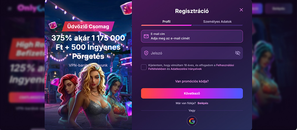 Így regisztrálhatsz 5 lépésben az Onlywin Casino oldalára.