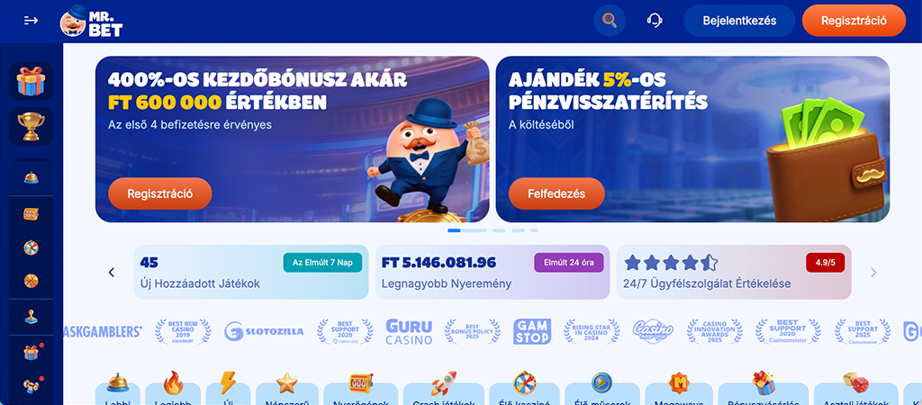 Online kaszinó ajánlat új játékosoknak: 600 000 Ft bónusz 5% pénvisszatérítés