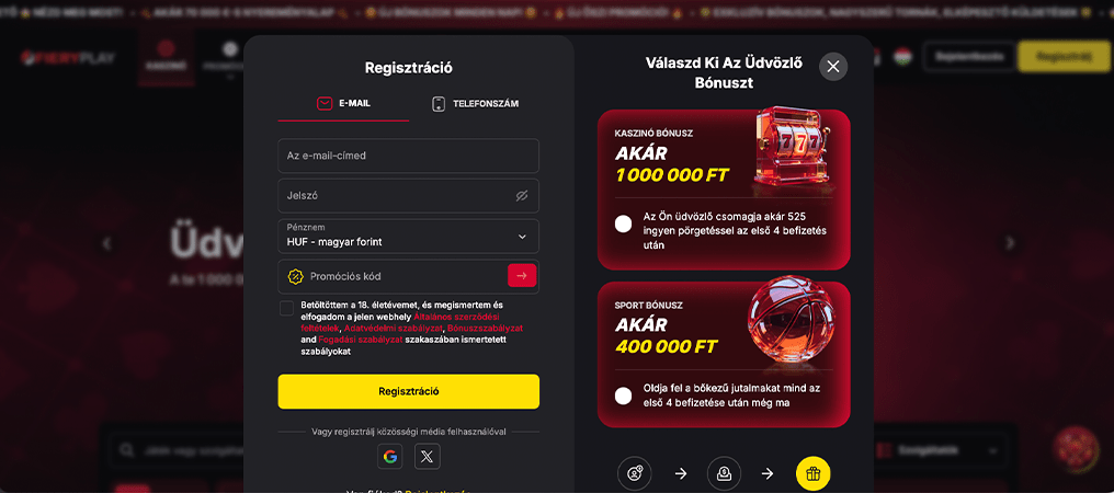 Így regisztrálhatsz a Fiery Play Online Casino weboldalán.