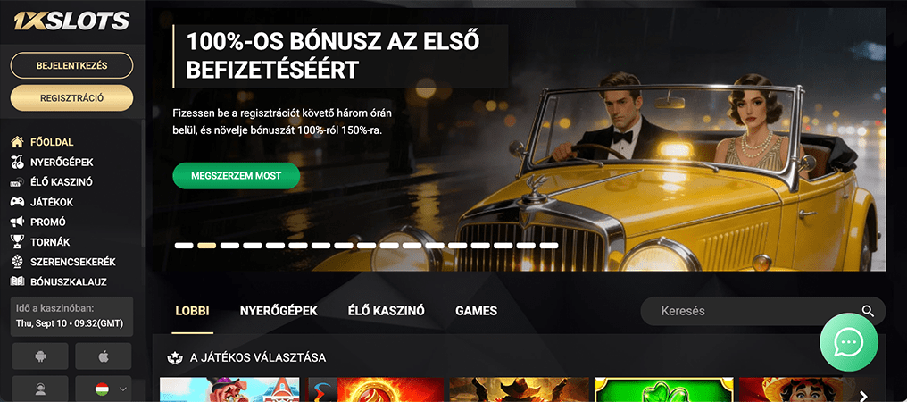 1xSlots Casino főoldal: 100% első befizetési bónusz, élő kaszinó, nyerőgépek és exkluzív játékok egy helyen.