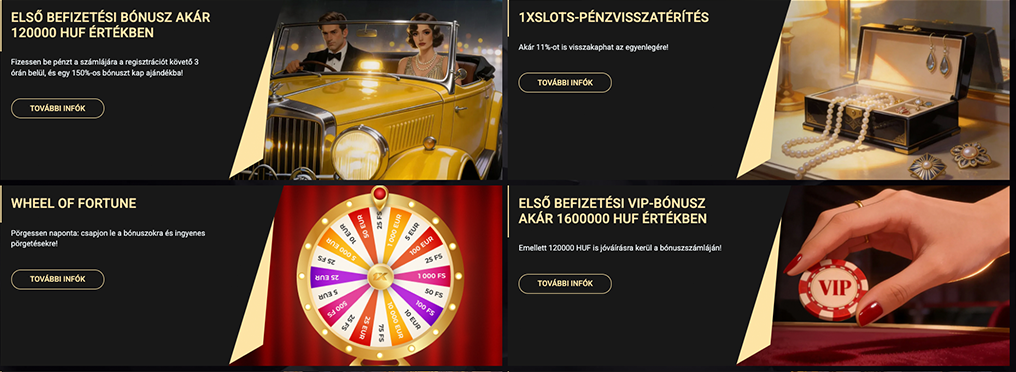 1xSlots első befizetési bónusz: akár 120.000 Ft 150%-os üdvözlő bónusszal, regisztráció után 3 órán belüli befizetéssel.