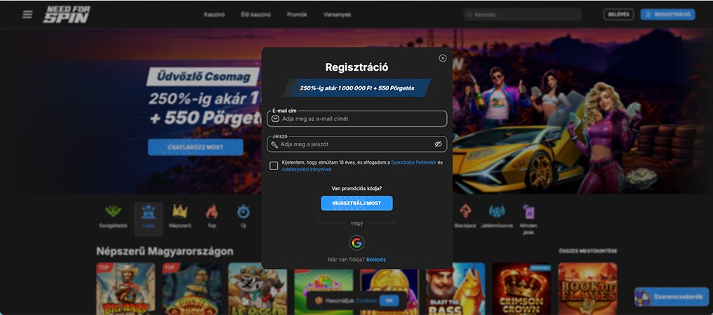 Regisztráció a Need for Spin Casino oldalán.