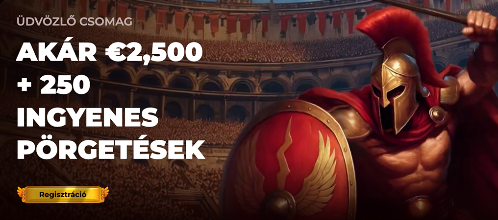 Roman Casino üdvözlő bónusz akár 600 000 Ft + 250 ingyen pörgetés látványos gladiátor karakterrel.