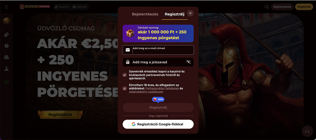 Űrlap: e-mail, jelszó és promóciós kód mezők, kiemelt 600 000 Ft + 250 ingyen pörgetés bónusz.