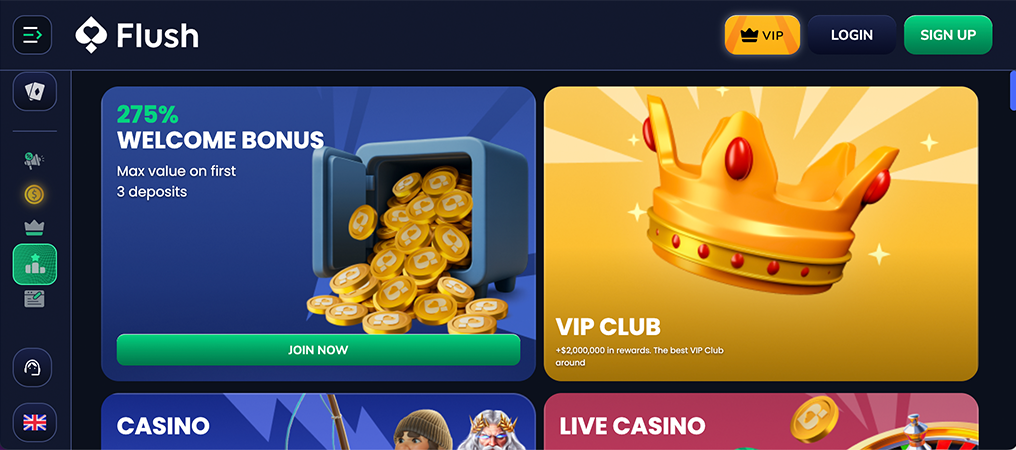 Flush Casino promóciós oldal, 300 000 eurós nyereményjáték, 150%-os üdvözlő bónusz, heti nyerőgépes versenyek, dátumokkal.