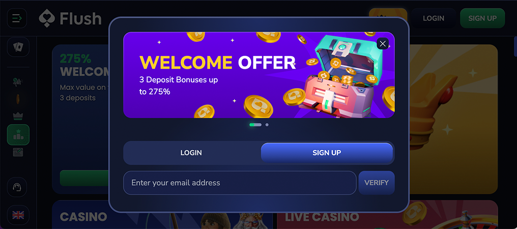 Flush Casino regisztrációs felület, e-mail mező, jelszó, Google belépés, bónusz ládával, aranyérmékkel és drágakövekkel.