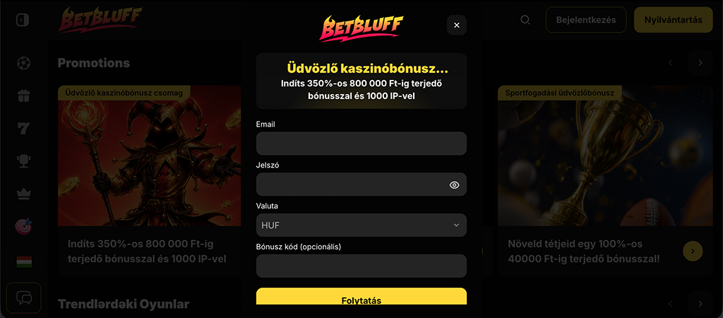 A Bet Bluff fiók létrehozásának lépései.