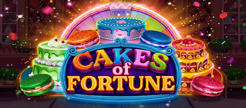 Cakes of Fortune játék, színes torták és macaronok háttérrel, online kaszinó témájú játék.