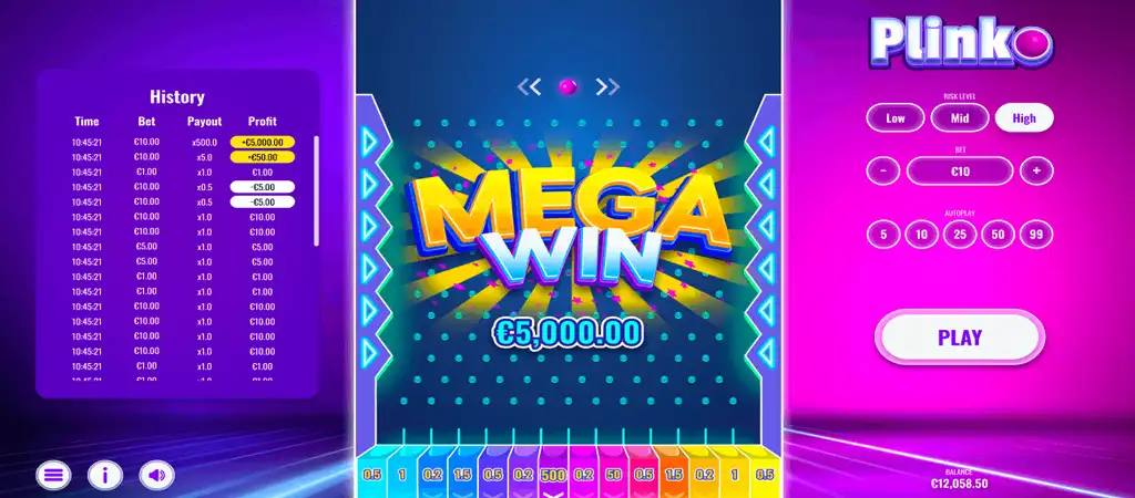 Plinko, mega win, nyeremény, online kaszinó