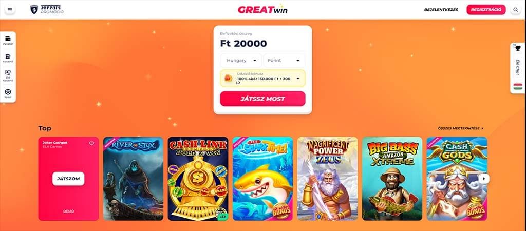 Greatwin casino, játékajánló, befizetés